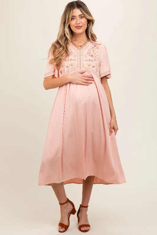 Sheer - sleeved midi dress for an alluring and glamorous effectPeach Short Sleeve V-Neck Maternity Midi Dress Sheer - sleeved midi dress for an alluring and glamorous effectPeach Short Sleeve V-Neck Maternity Midi Dress