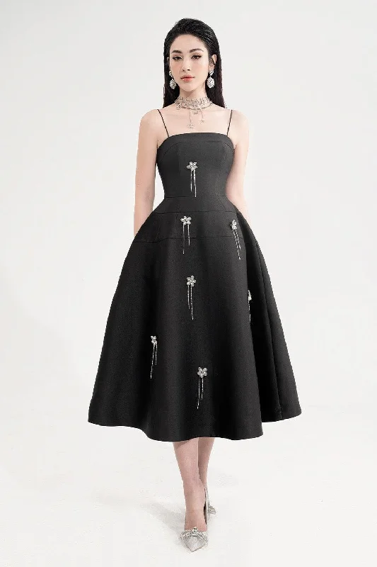 Midi dress for a business - casual setting when paired with a blazerPhoebe Fit and Flare Straight Across Neck Taffeta Midi Dress Midi dress for a business - casual setting when paired with a blazerPhoebe Fit and Flare Straight Across Neck Taffeta Midi Dress