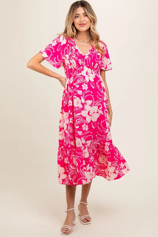 Midi dress for tall women with extra - long lengthsPink Floral Print Smocked Maternity Midi Dress Midi dress for tall women with extra - long lengthsPink Floral Print Smocked Maternity Midi Dress