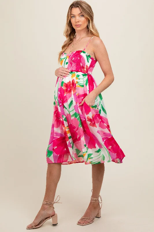 Tassel - adorned midi dress for a bohemian and stylish touchPink Floral Smocked Chiffon Maternity Midi Dress Tassel - adorned midi dress for a bohemian and stylish touchPink Floral Smocked Chiffon Maternity Midi Dress