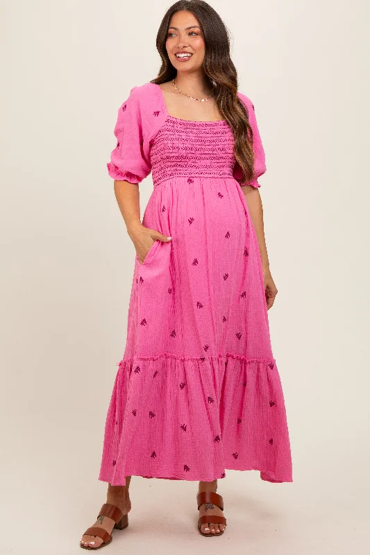 Midi dress for a music festival with a bohemian - inspired outfitPink Gauze Smocked Embroidered Square Neck Maternity Midi Dress Midi dress for a music festival with a bohemian - inspired outfitPink Gauze Smocked Embroidered Square Neck Maternity Midi Dress