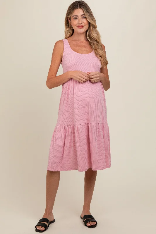 Sheer - sleeved midi dress for an alluring and glamorous effectPink Tiered Sleeveless Maternity Midi Dress Sheer - sleeved midi dress for an alluring and glamorous effectPink Tiered Sleeveless Maternity Midi Dress