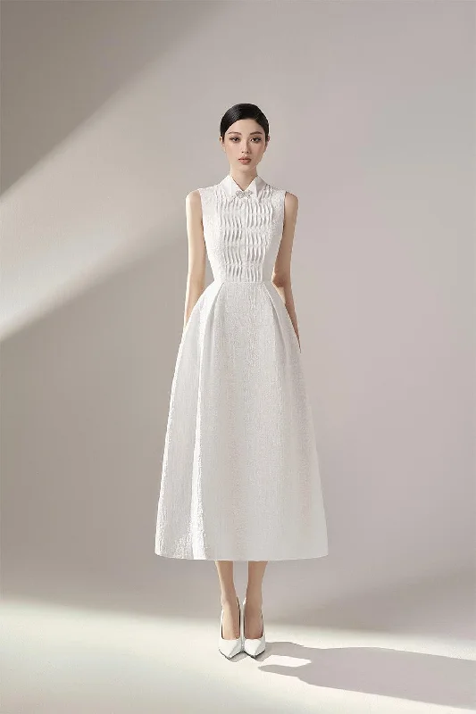 Sleeveless silk midi dress for a sophisticated summer stylePoliana A-line Collared Neck Jacquard Midi Dress Sleeveless silk midi dress for a sophisticated summer stylePoliana A-line Collared Neck Jacquard Midi Dress