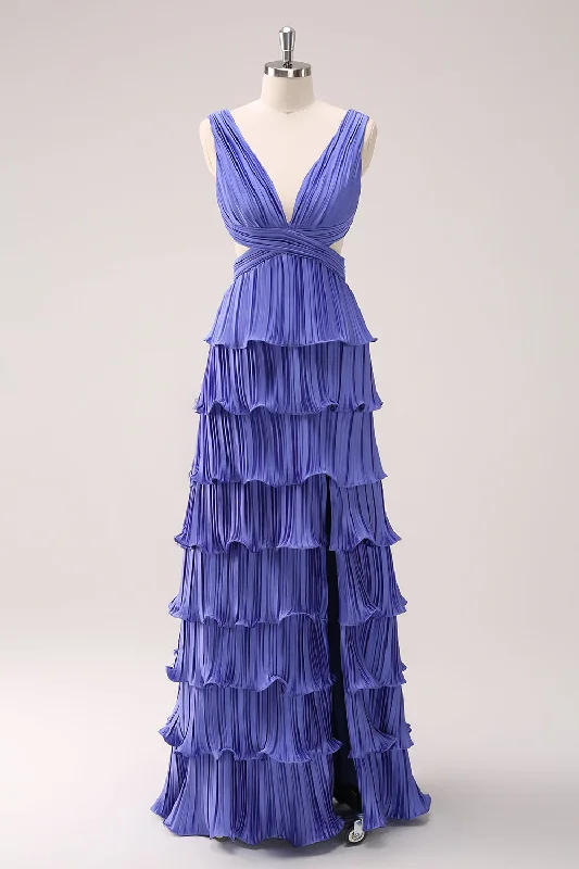 Party Dresses with Sequined Fringe and Tulle Overlay for Ladies' Dazzling and Playful LookPurple A-Line Deep V Neck Tiered Long Bridesmaid Dress with Slit Party Dresses with Sequined Fringe and Tulle Overlay for Ladies' Dazzling and Playful LookPurple A-Line Deep V Neck Tiered Long Bridesmaid Dress with Slit