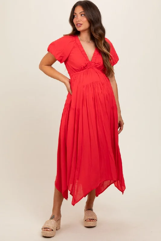 Fringe - trimmed midi dress for a playful and trendy appearanceRed Deep V-Neck Puff Short Sleeve Asymmetrical Hem Maternity Midi Dress Fringe - trimmed midi dress for a playful and trendy appearanceRed Deep V-Neck Puff Short Sleeve Asymmetrical Hem Maternity Midi Dress