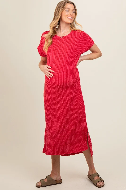 Bishop - sleeve midi dress for a vintage - inspired and elegant styleRed Ribbed Short Sleeve Maternity Midi Dress Bishop - sleeve midi dress for a vintage - inspired and elegant styleRed Ribbed Short Sleeve Maternity Midi Dress