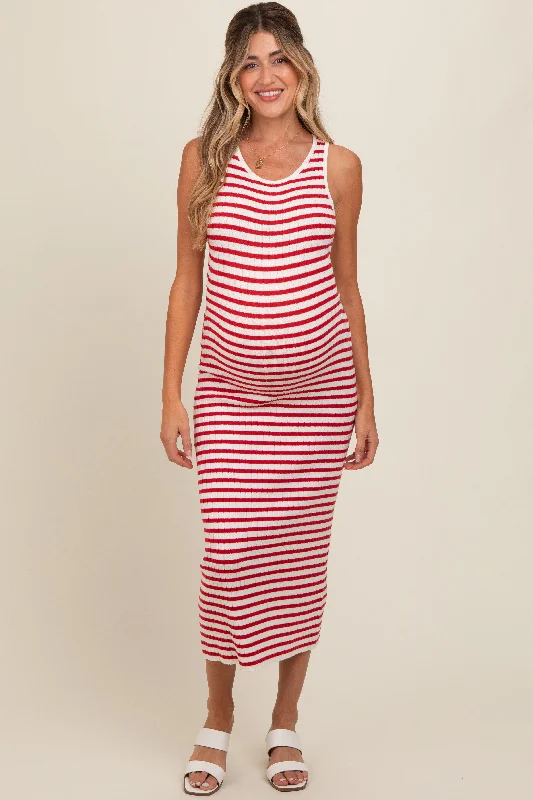 Fringe - trimmed midi dress for a playful and trendy appearanceRed Sleeveless Round Neck Striped Rib Sweater Maternity Midi Dress Fringe - trimmed midi dress for a playful and trendy appearanceRed Sleeveless Round Neck Striped Rib Sweater Maternity Midi Dress