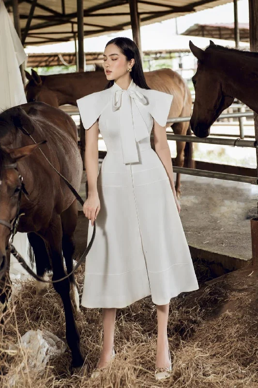 Satin midi dress for a smooth and shiny finishRosette A-line Bow Tie Ribbed Scuba Midi Dress