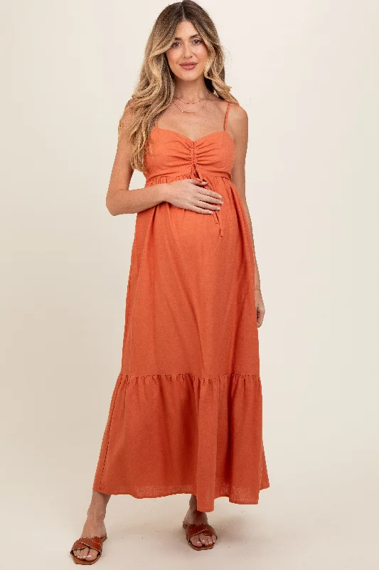 Stretch - fabric midi dress for a flexible and body - hugging fitRust Linen Front Cinch Maternity Midi Dress Stretch - fabric midi dress for a flexible and body - hugging fitRust Linen Front Cinch Maternity Midi Dress