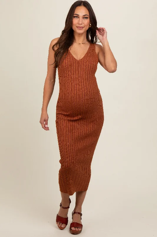 Midi dress for outdoor adventures such as hiking and campingRust V Neck Sleeveless Knit Maternity Midi Dress Midi dress for outdoor adventures such as hiking and campingRust V Neck Sleeveless Knit Maternity Midi Dress