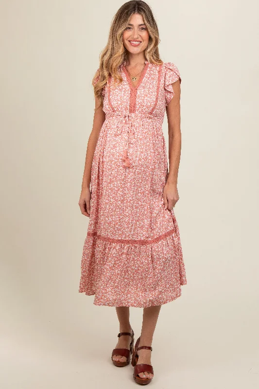 Halter - neck midi dress for a modern and stylish lookSalmon Floral Lace Trim Maternity Midi Dress Halter - neck midi dress for a modern and stylish lookSalmon Floral Lace Trim Maternity Midi Dress