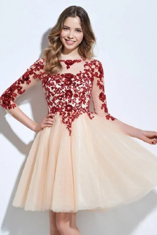 Party Dresses with Sheer Panels and Beaded Trim and Embroidered Paisley Patterns for Ladies' Sultry and Exotic LookScoop 3/4 Length Sleeves Appliques Sequins Knee-Length Cocktail Dress PG118 Party Dresses with Sheer Panels and Beaded Trim and Embroidered Paisley Patterns for Ladies' Sultry and Exotic LookScoop 3/4 Length Sleeves Appliques Sequins Knee-Length Cocktail Dress PG118