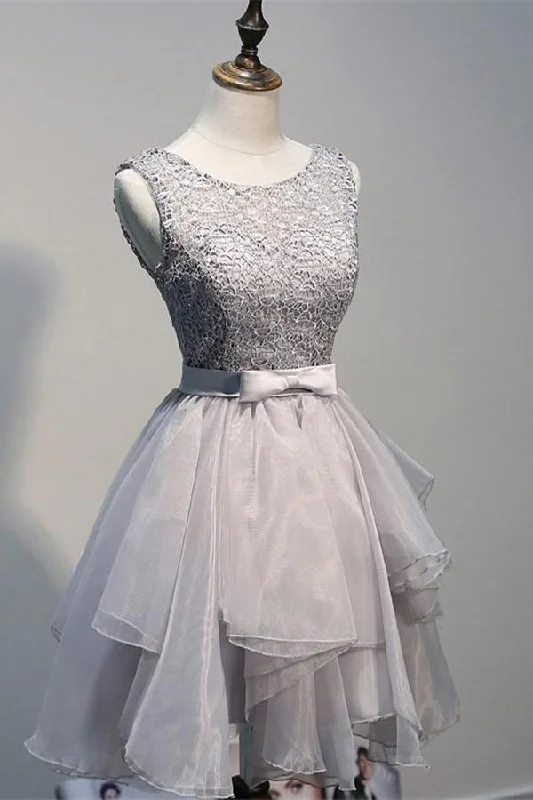 Organza Party Dresses with Sparkly Appliques for Ladies' Delicate and Dreamy LookScoop Backless Short Grey Organza Homecoming Dress with Appliques PG144 Organza Party Dresses with Sparkly Appliques for Ladies' Delicate and Dreamy LookScoop Backless Short Grey Organza Homecoming Dress with Appliques PG144