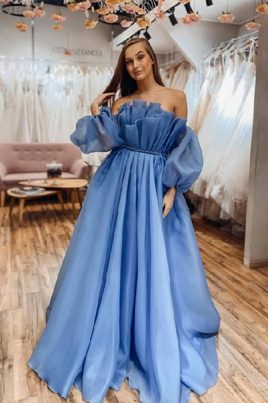 Taffeta Party Dresses with Pleated Bodice for Ladies' Structured and Formal LookScoop Neck Blue Off The Shoulder Long Sleeves Blue Prom Dress PSK336 Taffeta Party Dresses with Pleated Bodice for Ladies' Structured and Formal LookScoop Neck Blue Off The Shoulder Long Sleeves Blue Prom Dress PSK336