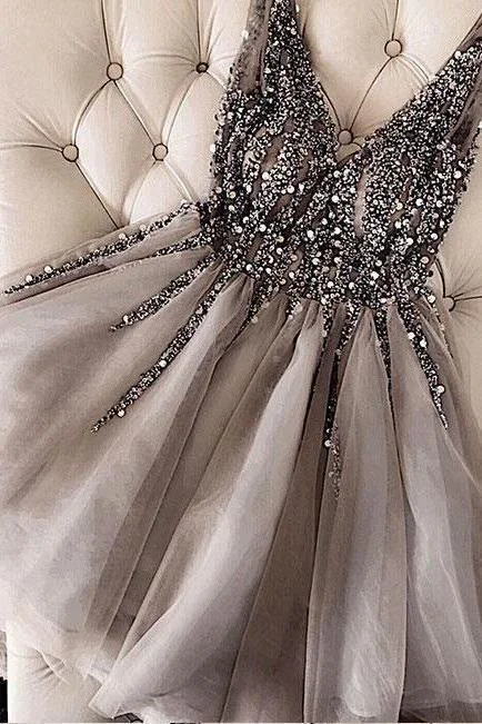 Backless Party Dresses with Rhinestone Embellishments for Ladies' Sexy LookSequins Beaded V-neck Tulle Short Prom Dresses Gray Homecoming Dresses PD336 Backless Party Dresses with Rhinestone Embellishments for Ladies' Sexy LookSequins Beaded V-neck Tulle Short Prom Dresses Gray Homecoming Dresses PD336