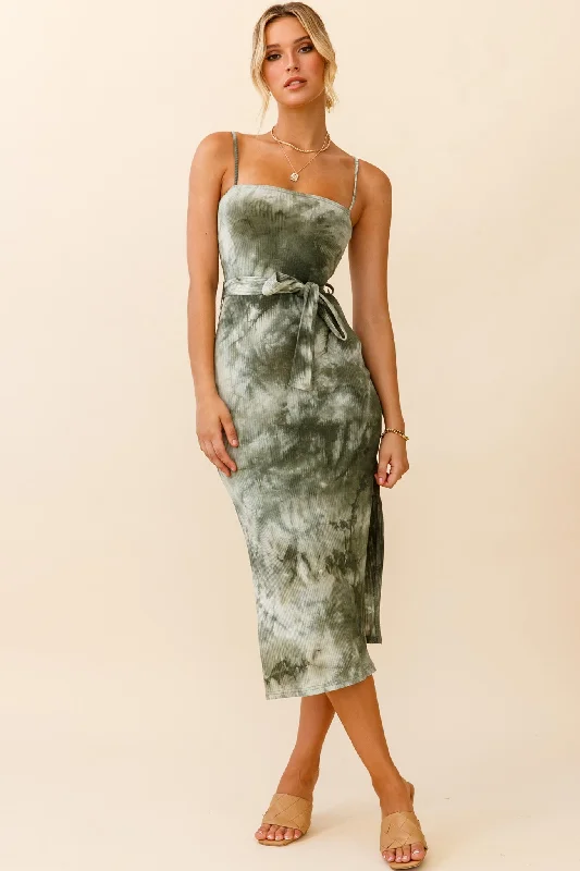 Puff - sleeve midi dress for a feminine and voluminous styleSerenade Me Square Neckline Side Split Midi Dress Tie Dye Olive Puff - sleeve midi dress for a feminine and voluminous styleSerenade Me Square Neckline Side Split Midi Dress Tie Dye Olive
