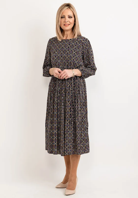 Belted midi dress to cinch the waist and enhance the figureSeventy1 Geometric Square Print Midi Dress, Black Multi Belted midi dress to cinch the waist and enhance the figureSeventy1 Geometric Square Print Midi Dress, Black Multi