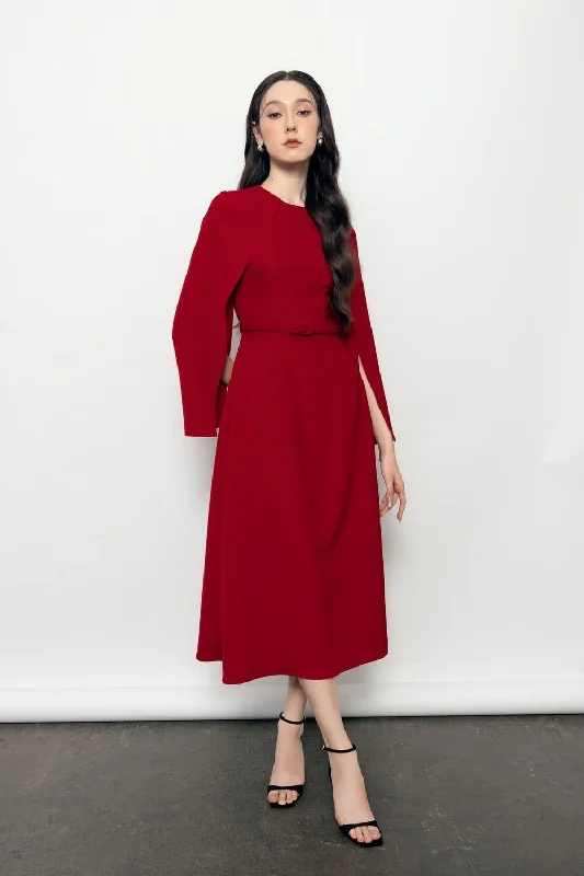 Bell - sleeve midi dress for a bohemian and stylish appearanceSofia A-line Cape Sleeved Polyester Midi Dress Bell - sleeve midi dress for a bohemian and stylish appearanceSofia A-line Cape Sleeved Polyester Midi Dress