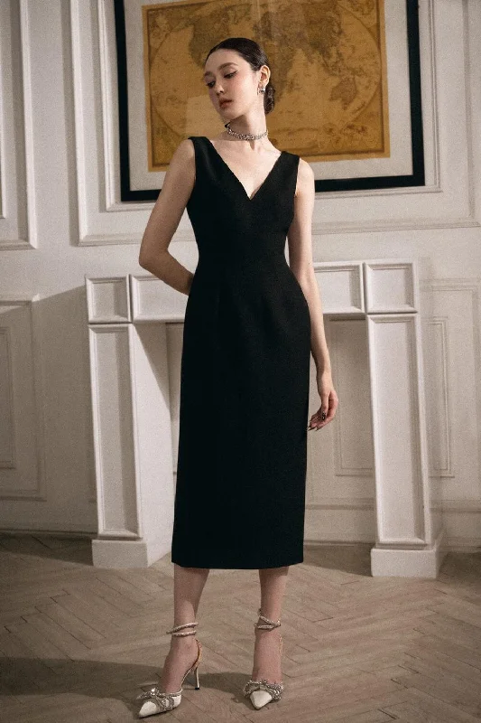 Tiered midi dress for a voluminous and feminine lookSophia Sheath V-Neck Polyester Midi Dress Tiered midi dress for a voluminous and feminine lookSophia Sheath V-Neck Polyester Midi Dress