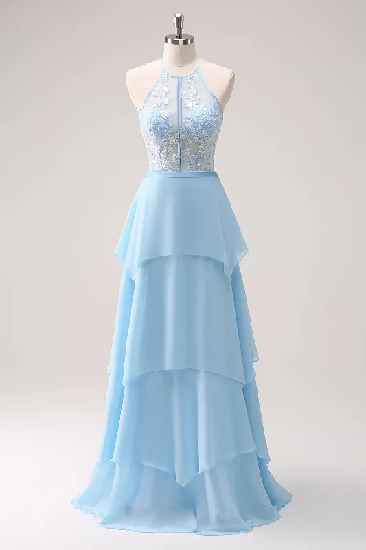 Party Dresses with Lace Insertions on the Skirt and Beaded Waistband and Ruffled Hem for Ladies' Feminine and Flirty LookSparkly Blue Halter Floral Long Bridesmaid Dress with Lace Up Back Party Dresses with Lace Insertions on the Skirt and Beaded Waistband and Ruffled Hem for Ladies' Feminine and Flirty LookSparkly Blue Halter Floral Long Bridesmaid Dress with Lace Up Back