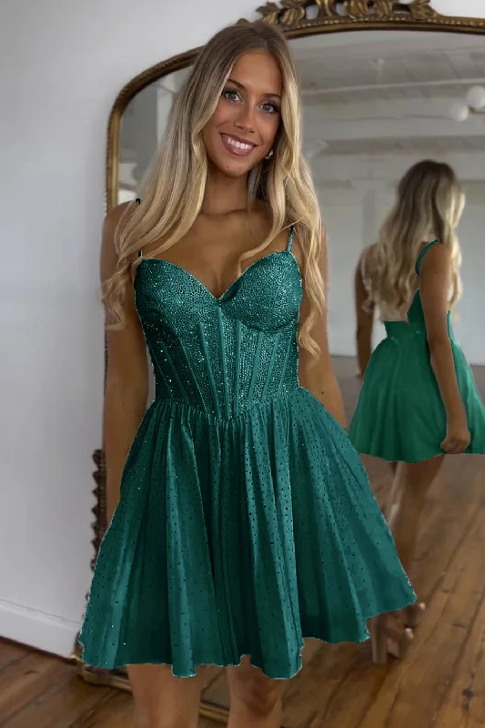 Party Dresses with Satin and Lace Trimmed Neckline and Ruffled Sleeves and Embroidered Skirt for Ladies' Sophisticated and Intricate LookSparkly Dark Green A-Line Beaded Spaghetti Straps Corset Short Prom Dress Party Dresses with Satin and Lace Trimmed Neckline and Ruffled Sleeves and Embroidered Skirt for Ladies' Sophisticated and Intricate LookSparkly Dark Green A-Line Beaded Spaghetti Straps Corset Short Prom Dress