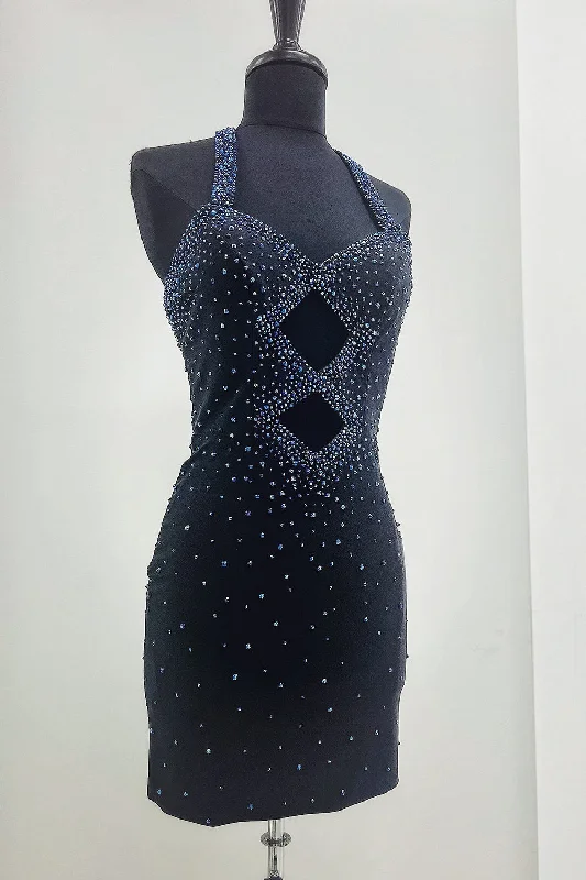 Party Dresses with Embroidered Party Animals and Colorful Sequins for Ladies' Themed Party FunSparkly Navy Bodycon Beaded Halter Hollow Out Short Prom Dress