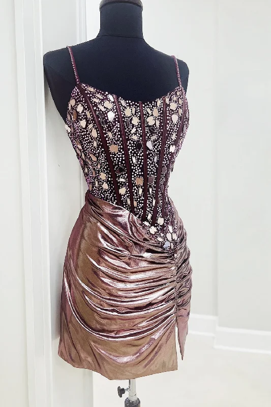 Party Dresses with Metallic Sequined Bodice and Chiffon Skirt and Ruffled Hem for Ladies' Glamorous and Flirty LookSparkly Rose Gold Mirrors Corset Metallic Ruched Short Prom Dress Party Dresses with Metallic Sequined Bodice and Chiffon Skirt and Ruffled Hem for Ladies' Glamorous and Flirty LookSparkly Rose Gold Mirrors Corset Metallic Ruched Short Prom Dress