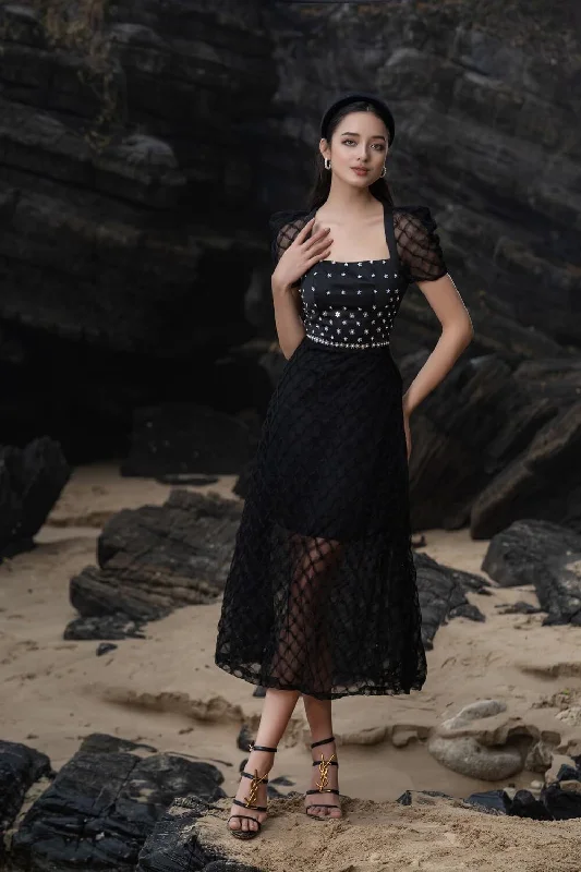 Square neck midi dress for a vintage - inspired charmStacy A-line See-Through Mesh Sheer Midi Dress Square neck midi dress for a vintage - inspired charmStacy A-line See-Through Mesh Sheer Midi Dress