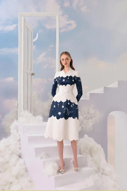 Midi dress for a date when styled with a cute top and heelsStarry Night A-line Long Sleeved Silk Midi Dress Midi dress for a date when styled with a cute top and heelsStarry Night A-line Long Sleeved Silk Midi Dress
