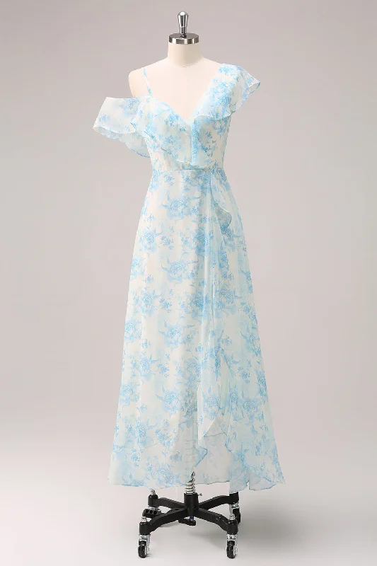 One Shoulder Party Dresses with Lace Overlay for Ladies' Sophisticated AppealStylish A-Line White Blue Flower Bridesmaid Dress with Slit One Shoulder Party Dresses with Lace Overlay for Ladies' Sophisticated AppealStylish A-Line White Blue Flower Bridesmaid Dress with Slit