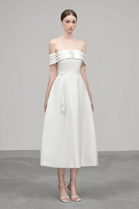 Midi dress for a gym session if it has sufficient stretchSusan A-line Off-Shoulder Satin Crepe Midi Dress