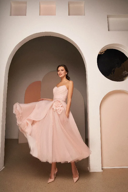 Party Dresses with Sheer Panels and Sequined Trim for Ladies' Sultry and Sparkly LookSweetheart Style Midi Pink Dress with 3-D Rose Party Dresses with Sheer Panels and Sequined Trim for Ladies' Sultry and Sparkly LookSweetheart Style Midi Pink Dress with 3-D Rose