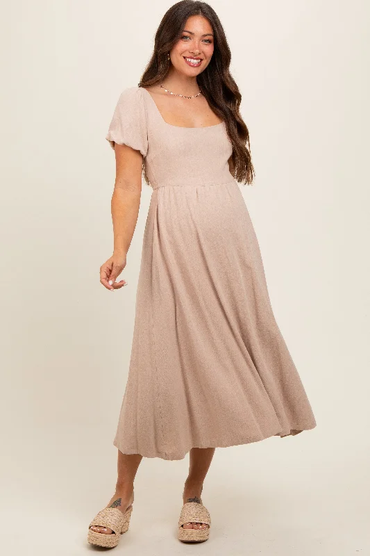 Midi dress for a countryside getaway for a laid - back and rustic lookTaupe Puff Sleeve Linen Maternity Midi Dress Midi dress for a countryside getaway for a laid - back and rustic lookTaupe Puff Sleeve Linen Maternity Midi Dress
