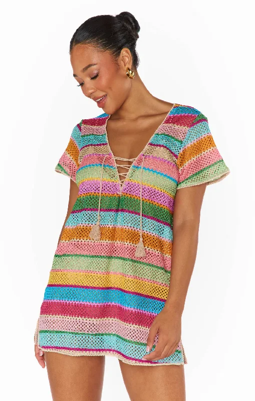 Party Dresses with Tassel Hem and Metallic Lace and Sequined Geometric Shapes for Ladies' Boho and Modern LookTravel Coverup ~ Multi Crochet Party Dresses with Tassel Hem and Metallic Lace and Sequined Geometric Shapes for Ladies' Boho and Modern LookTravel Coverup ~ Multi Crochet