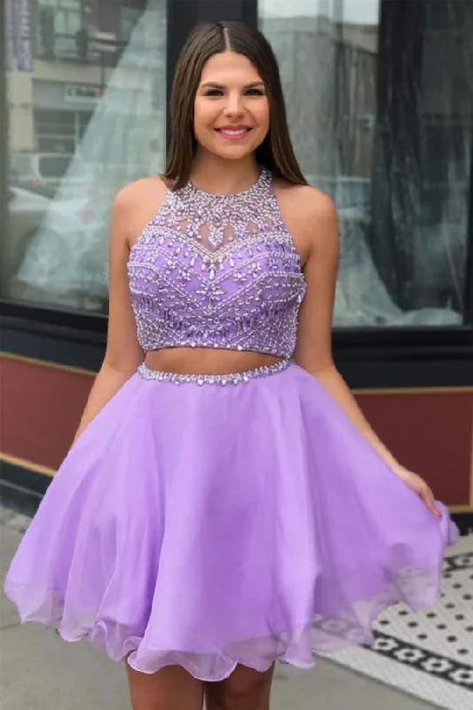 Party Dresses with Bell Sleeves and Ruffled Hem for Ladies' Retro CharmTwo Piece High Neck Beading Lilac Chiffon Homecoming Dress PD335 Party Dresses with Bell Sleeves and Ruffled Hem for Ladies' Retro CharmTwo Piece High Neck Beading Lilac Chiffon Homecoming Dress PD335
