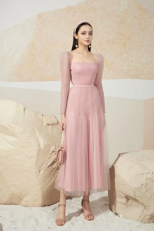 Contemporary - designed midi dress with modern detailsTyler A-line Square Neck Mesh Sheer Midi Dress Contemporary - designed midi dress with modern detailsTyler A-line Square Neck Mesh Sheer Midi Dress