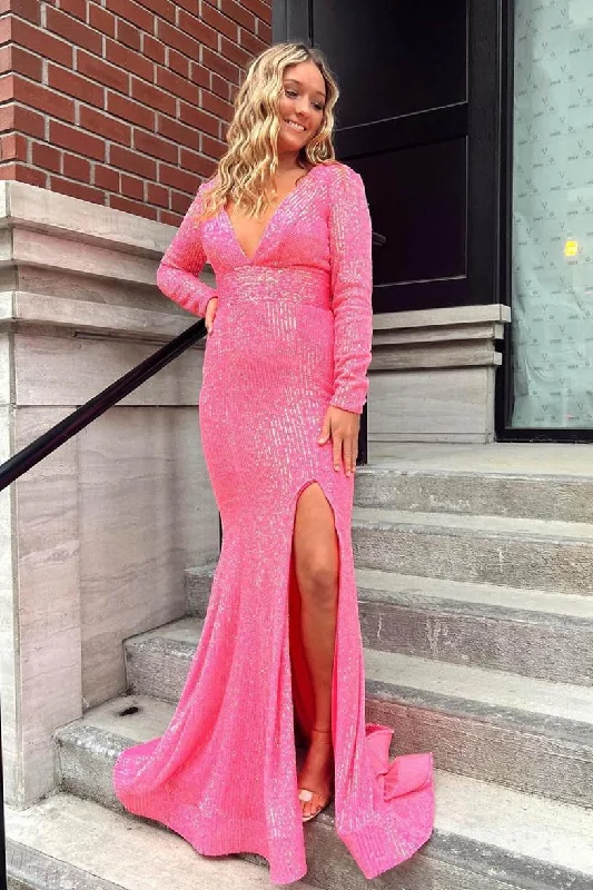 Party Dresses with Ruffled Sleeves and High Neck for Ladies' Dramatic and Elegant LookV-Neck Backless Pink Prom Formal Dress with Long Sleeves PSK315 Party Dresses with Ruffled Sleeves and High Neck for Ladies' Dramatic and Elegant LookV-Neck Backless Pink Prom Formal Dress with Long Sleeves PSK315