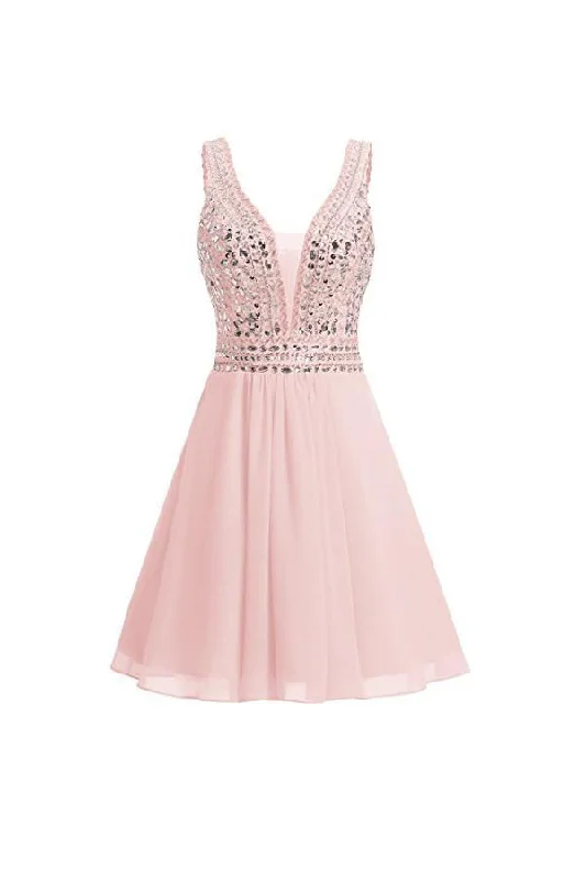 Party Dresses with Satin Trimmed Collar and Bow Back and Embroidered Skirt for Ladies' Classic and Intricate LookV-neck Beads Chiffon Homecoming Dress Short Prom Dress PG089 Party Dresses with Satin Trimmed Collar and Bow Back and Embroidered Skirt for Ladies' Classic and Intricate LookV-neck Beads Chiffon Homecoming Dress Short Prom Dress PG089