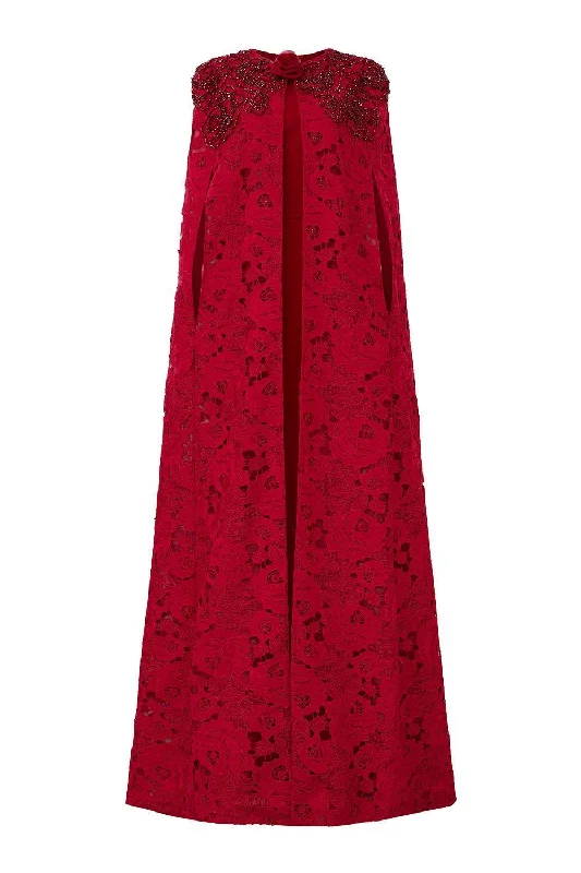 Party Dresses with Embroidered Floral Patterns and Tassel Hem for Ladies' Bohemian and Feminine LookVada Sheath Cape Sleeved Lace Floor Length Dress Party Dresses with Embroidered Floral Patterns and Tassel Hem for Ladies' Bohemian and Feminine LookVada Sheath Cape Sleeved Lace Floor Length Dress
