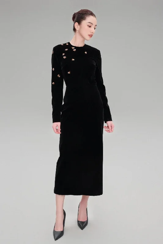 Empire waist midi dress for a flattering and feminine fitVanessa Sheath Long Sleeved Velvet Midi Dress Empire waist midi dress for a flattering and feminine fitVanessa Sheath Long Sleeved Velvet Midi Dress
