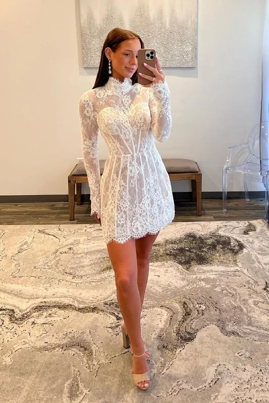 Party Dresses with Sequined Star Motifs and Sheer Sleeve for Ladies' Celestial and Elegant LookWhite A-Line Lace Long Sleeves High Neck Short Prom Dress Party Dresses with Sequined Star Motifs and Sheer Sleeve for Ladies' Celestial and Elegant LookWhite A-Line Lace Long Sleeves High Neck Short Prom Dress