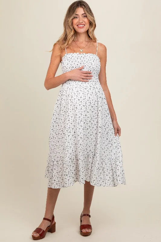Empire waist midi dress for a flattering and feminine fitWhite Floral Smocked Sleeveless Maternity Midi Dress Empire waist midi dress for a flattering and feminine fitWhite Floral Smocked Sleeveless Maternity Midi Dress