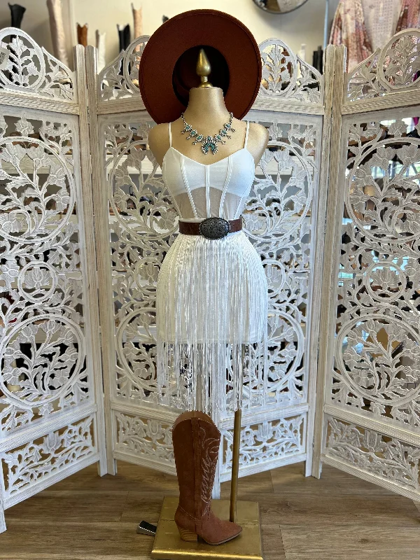 Lace Trimmed Party Dresses with Bow Back for Ladies' Dainty and Feminine LookWhite Fringe Corset Mini Dress- Stretchy Lace Trimmed Party Dresses with Bow Back for Ladies' Dainty and Feminine LookWhite Fringe Corset Mini Dress- Stretchy