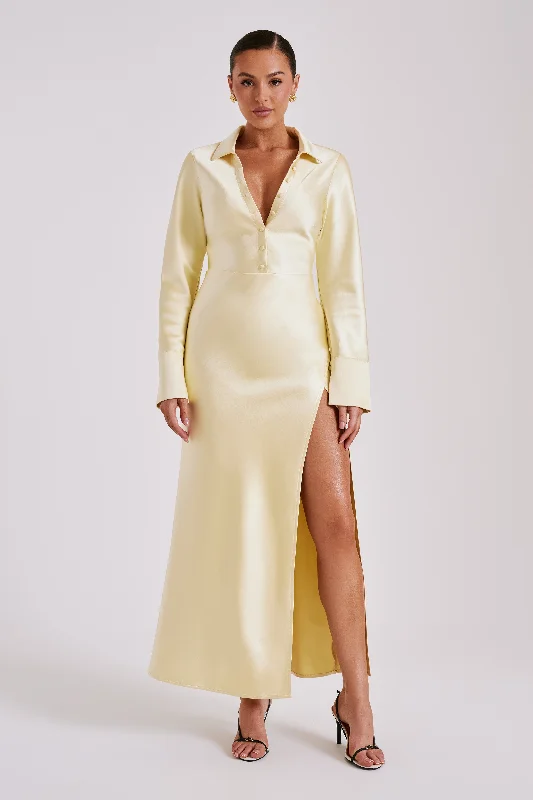 Party Dresses with Satin and Lace Trimmed Neckline and Ruffled Sleeves for Ladies' Sophisticated and Girly LookWhitley Satin Collared Maxi Dress - Butter Party Dresses with Satin and Lace Trimmed Neckline and Ruffled Sleeves for Ladies' Sophisticated and Girly LookWhitley Satin Collared Maxi Dress - Butter