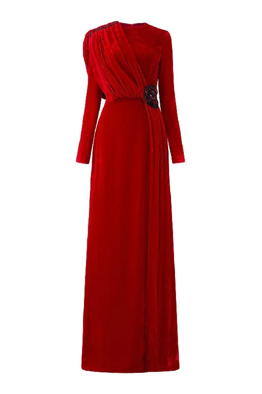 Party Dresses with Embroidered Floral Patterns and Tassel Hem and Sequined Bodice for Ladies' Bohemian and Glamorous LookWhitley Sheath Asymmetric Shoulder Velvet Floor Length Dress Party Dresses with Embroidered Floral Patterns and Tassel Hem and Sequined Bodice for Ladies' Bohemian and Glamorous LookWhitley Sheath Asymmetric Shoulder Velvet Floor Length Dress