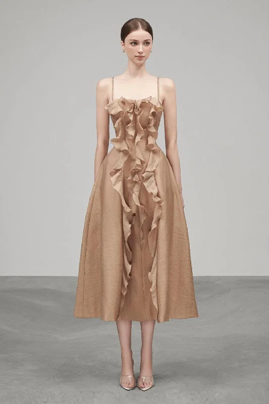 Midi dress for a movie night with a cozy sweater or jacketWinnie Fit and Flare Ruffle Layer Satin Crepe Midi Dress