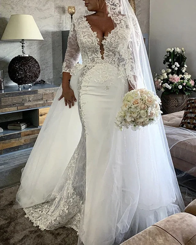Cocktail - length wedding dress for a casual ceremony3/4 Sleeves Mermaid Wedding Dress Removable Skirt Cocktail - length wedding dress for a casual ceremony3/4 Sleeves Mermaid Wedding Dress Removable Skirt
