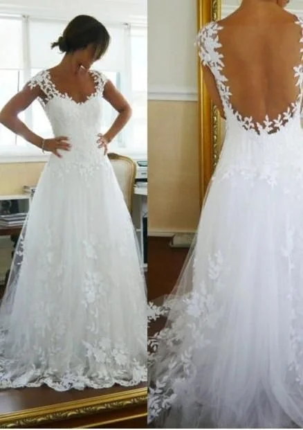Pearl - studded wedding dress for a refined lookA-Line Lace White Straps Wedding Dresses,See-through Sleeveless prom dress cg8432 Pearl - studded wedding dress for a refined lookA-Line Lace White Straps Wedding Dresses,See-through Sleeveless prom dress cg8432