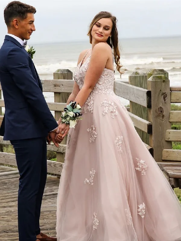 Garden - wedding - appropriate flowy wedding dressA Line V Neck Open Back Dusty Pink Lace Long Prom Dresses, Dusty Pink Lace Long Formal Evening Dresses, Pink Wedding Dresses    cg21320