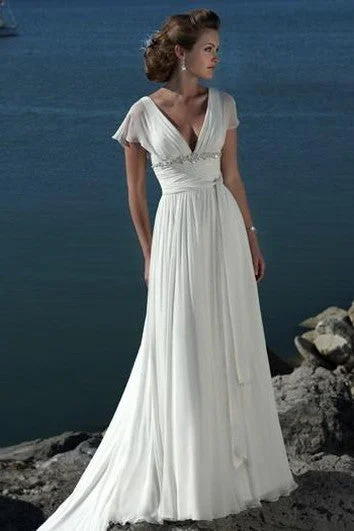 Cut - out detail modern wedding dressA-line V-neck Short Sleeves Beading Sweep Train Chiffon Beach Wedding Dress Cut - out detail modern wedding dressA-line V-neck Short Sleeves Beading Sweep Train Chiffon Beach Wedding Dress